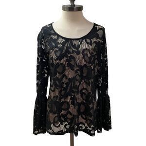INC Elegant Feminine Floral Black Lace Overlay Blouse Large Bell Sleeve Stretch